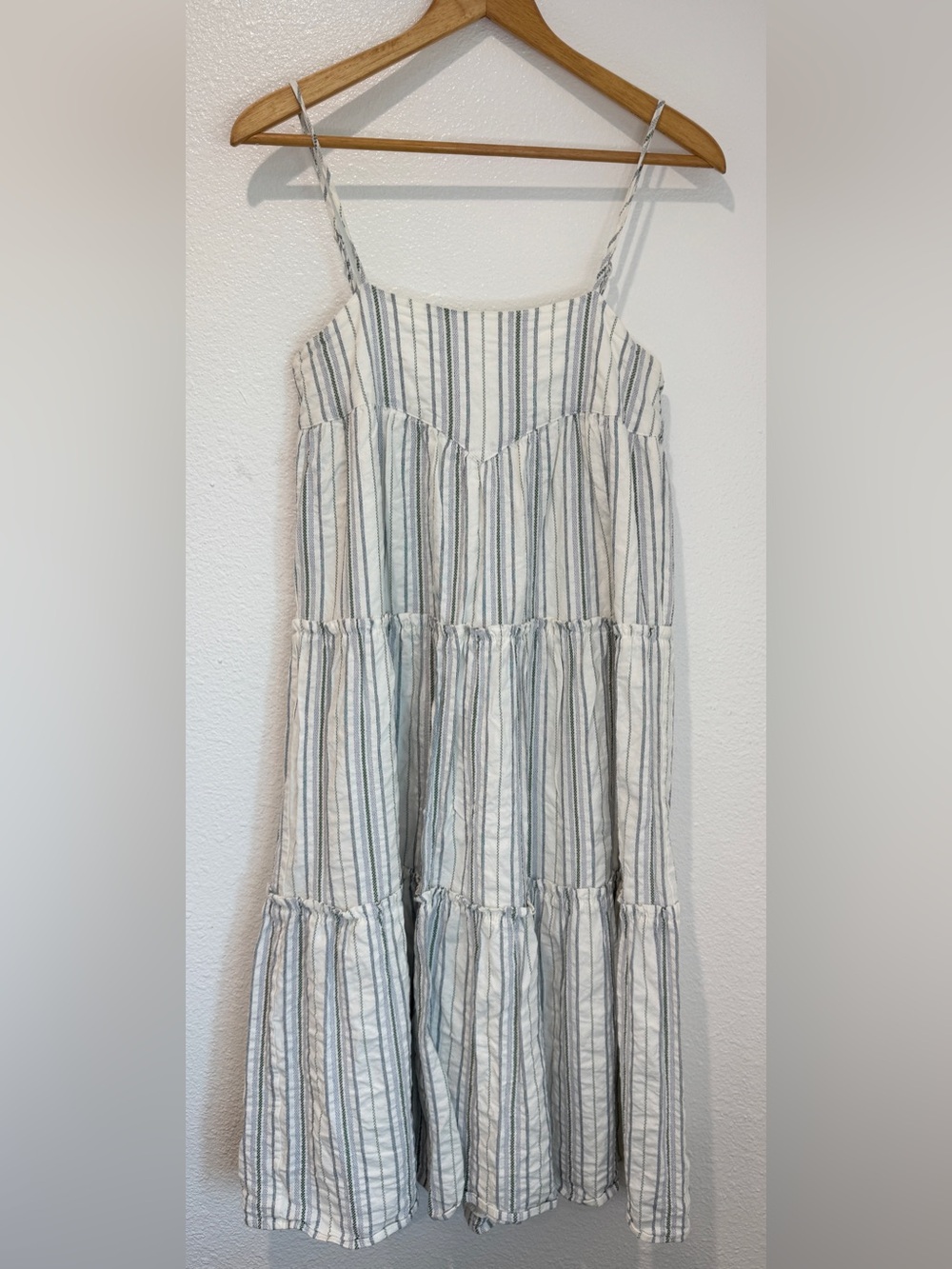 dRA Los Angeles White Blue Green Striped Cotton Tiered Cami Dress Cottagecore S